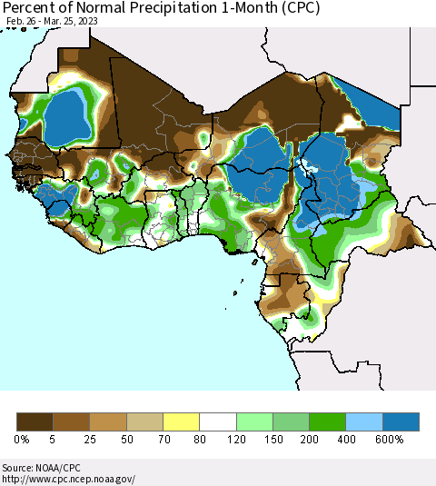 Western Africa Percent of Normal Precipitation 1-Month (CPC) Thematic Map For 2/26/2023 - 3/25/2023