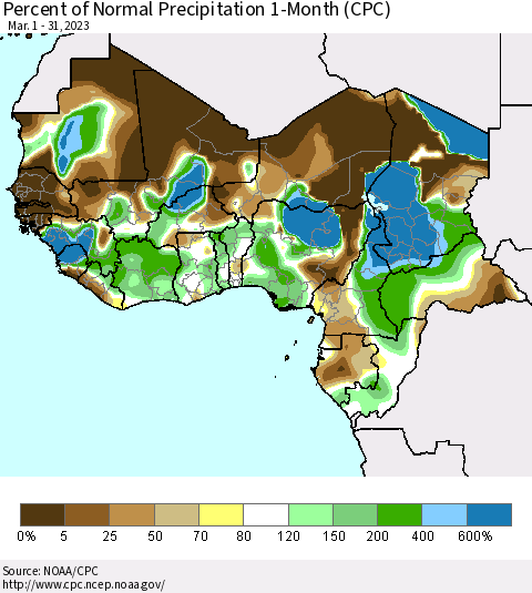 Western Africa Percent of Normal Precipitation 1-Month (CPC) Thematic Map For 3/1/2023 - 3/31/2023