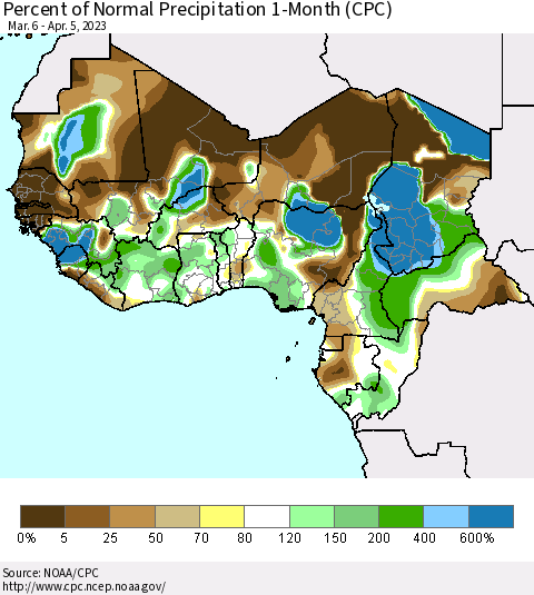 Western Africa Percent of Normal Precipitation 1-Month (CPC) Thematic Map For 3/6/2023 - 4/5/2023