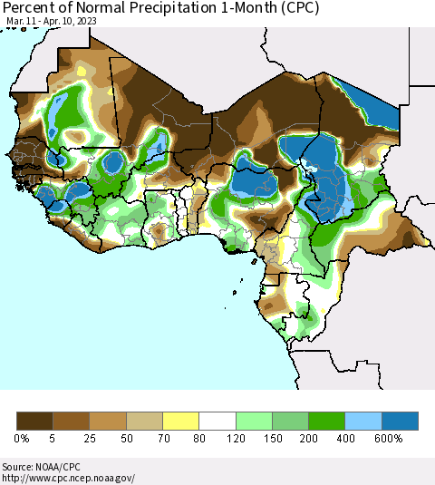 Western Africa Percent of Normal Precipitation 1-Month (CPC) Thematic Map For 3/11/2023 - 4/10/2023