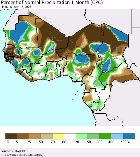 Western Africa Percent of Normal Precipitation 1-Month (CPC) Thematic Map For 3/16/2023 - 4/15/2023
