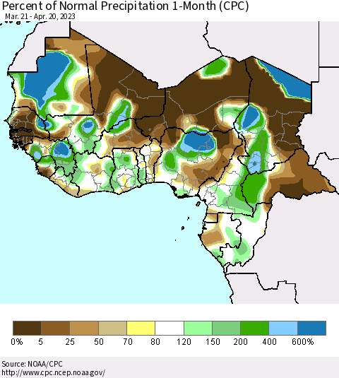 Western Africa Percent of Normal Precipitation 1-Month (CPC) Thematic Map For 3/21/2023 - 4/20/2023