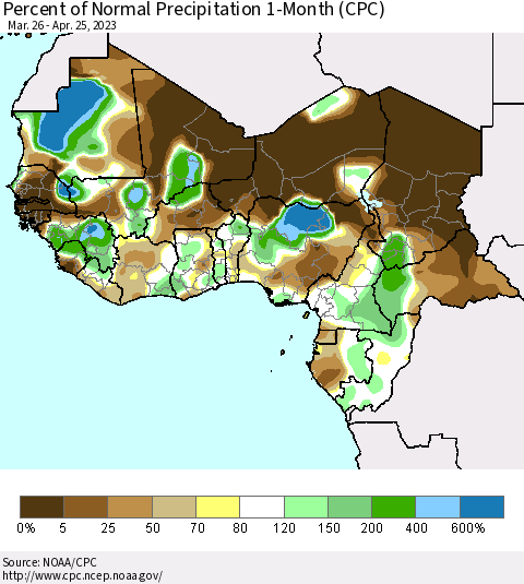 Western Africa Percent of Normal Precipitation 1-Month (CPC) Thematic Map For 3/26/2023 - 4/25/2023