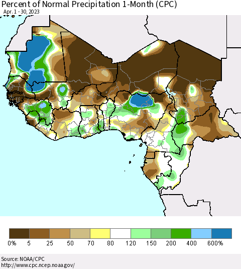 Western Africa Percent of Normal Precipitation 1-Month (CPC) Thematic Map For 4/1/2023 - 4/30/2023