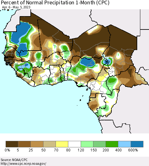 Western Africa Percent of Normal Precipitation 1-Month (CPC) Thematic Map For 4/6/2023 - 5/5/2023