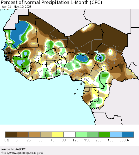 Western Africa Percent of Normal Precipitation 1-Month (CPC) Thematic Map For 4/11/2023 - 5/10/2023