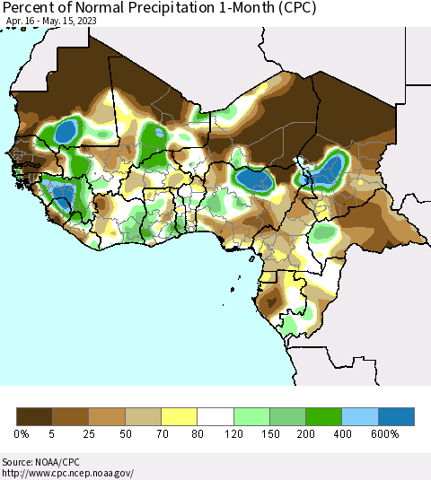 Western Africa Percent of Normal Precipitation 1-Month (CPC) Thematic Map For 4/16/2023 - 5/15/2023