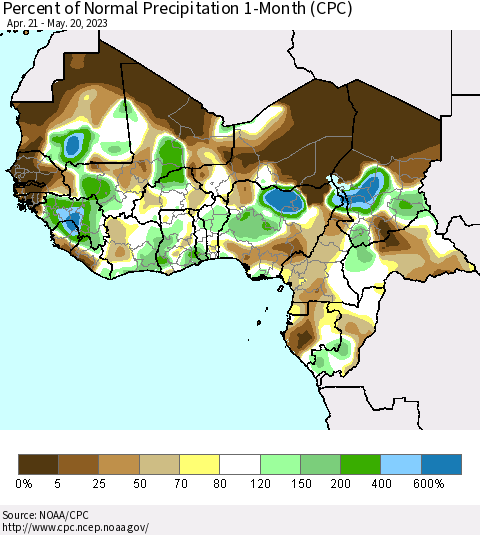 Western Africa Percent of Normal Precipitation 1-Month (CPC) Thematic Map For 4/21/2023 - 5/20/2023