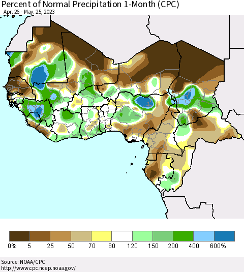 Western Africa Percent of Normal Precipitation 1-Month (CPC) Thematic Map For 4/26/2023 - 5/25/2023