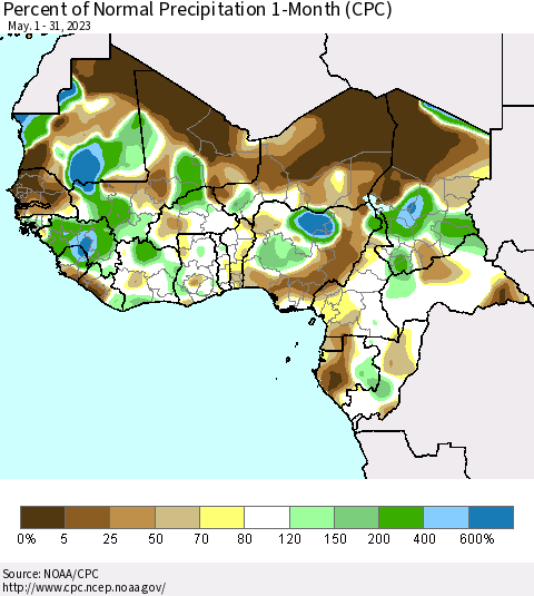 Western Africa Percent of Normal Precipitation 1-Month (CPC) Thematic Map For 5/1/2023 - 5/31/2023