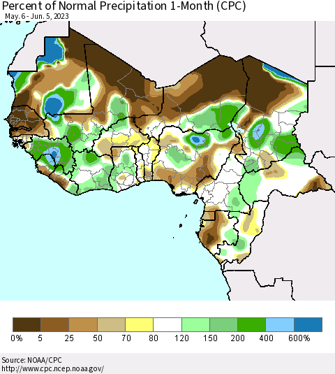 Western Africa Percent of Normal Precipitation 1-Month (CPC) Thematic Map For 5/6/2023 - 6/5/2023