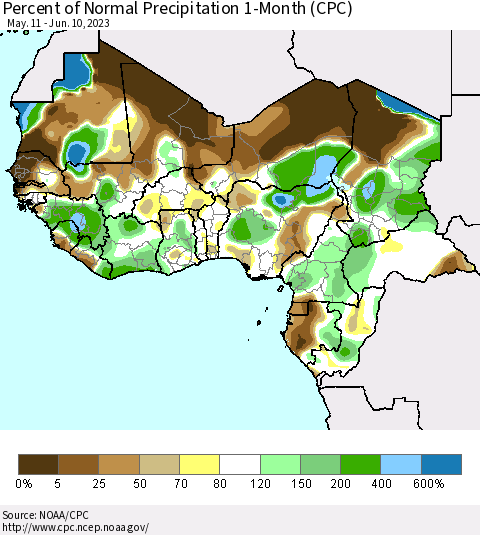 Western Africa Percent of Normal Precipitation 1-Month (CPC) Thematic Map For 5/11/2023 - 6/10/2023