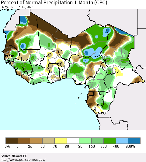 Western Africa Percent of Normal Precipitation 1-Month (CPC) Thematic Map For 5/16/2023 - 6/15/2023