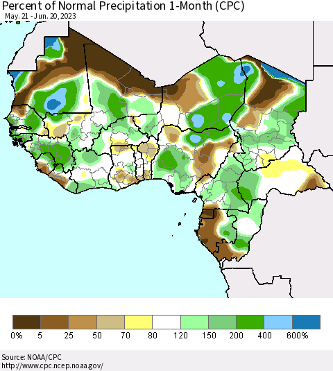 Western Africa Percent of Normal Precipitation 1-Month (CPC) Thematic Map For 5/21/2023 - 6/20/2023