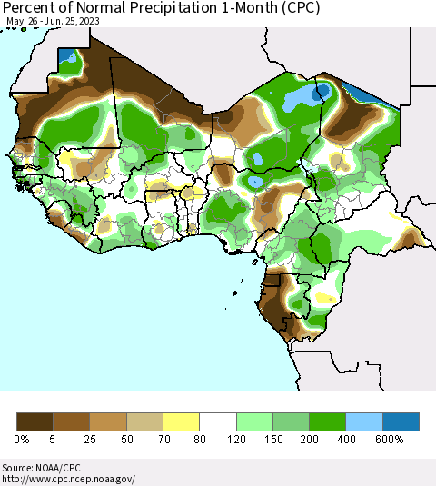 Western Africa Percent of Normal Precipitation 1-Month (CPC) Thematic Map For 5/26/2023 - 6/25/2023