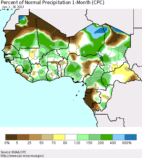 Western Africa Percent of Normal Precipitation 1-Month (CPC) Thematic Map For 6/1/2023 - 6/30/2023