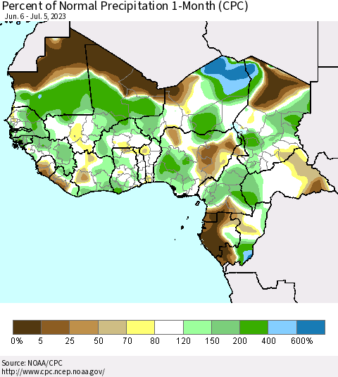 Western Africa Percent of Normal Precipitation 1-Month (CPC) Thematic Map For 6/6/2023 - 7/5/2023