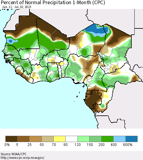 Western Africa Percent of Normal Precipitation 1-Month (CPC) Thematic Map For 6/11/2023 - 7/10/2023