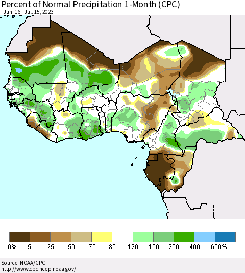 Western Africa Percent of Normal Precipitation 1-Month (CPC) Thematic Map For 6/16/2023 - 7/15/2023