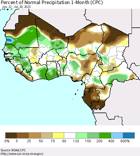 Western Africa Percent of Normal Precipitation 1-Month (CPC) Thematic Map For 6/21/2023 - 7/20/2023