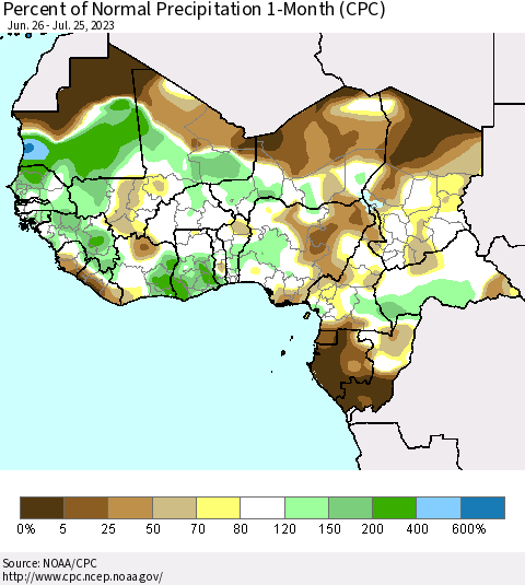 Western Africa Percent of Normal Precipitation 1-Month (CPC) Thematic Map For 6/26/2023 - 7/25/2023