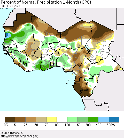 Western Africa Percent of Normal Precipitation 1-Month (CPC) Thematic Map For 7/1/2023 - 7/31/2023