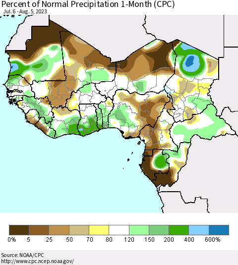 Western Africa Percent of Normal Precipitation 1-Month (CPC) Thematic Map For 7/6/2023 - 8/5/2023