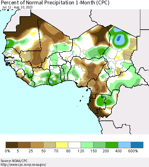 Western Africa Percent of Normal Precipitation 1-Month (CPC) Thematic Map For 7/11/2023 - 8/10/2023