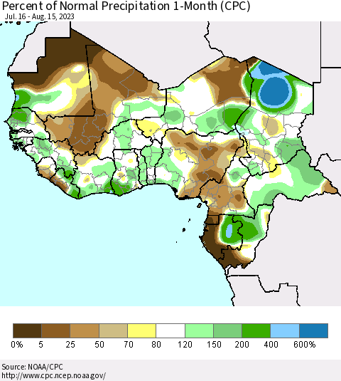 Western Africa Percent of Normal Precipitation 1-Month (CPC) Thematic Map For 7/16/2023 - 8/15/2023