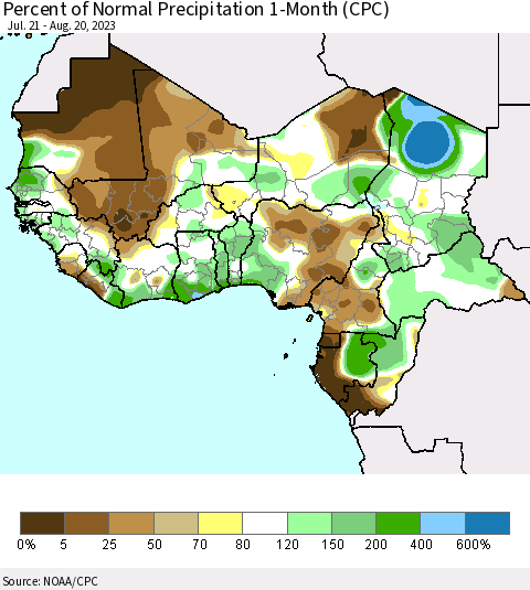 Western Africa Percent of Normal Precipitation 1-Month (CPC) Thematic Map For 7/21/2023 - 8/20/2023