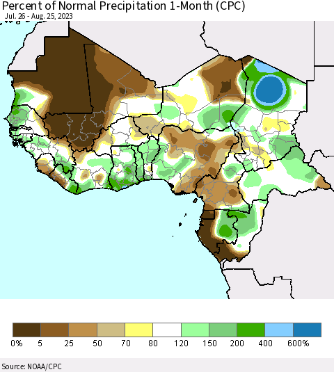 Western Africa Percent of Normal Precipitation 1-Month (CPC) Thematic Map For 7/26/2023 - 8/25/2023