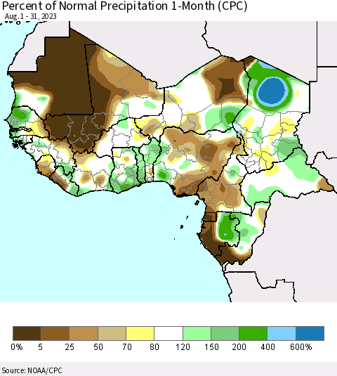 Western Africa Percent of Normal Precipitation 1-Month (CPC) Thematic Map For 8/1/2023 - 8/31/2023