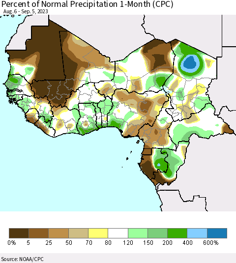 Western Africa Percent of Normal Precipitation 1-Month (CPC) Thematic Map For 8/6/2023 - 9/5/2023