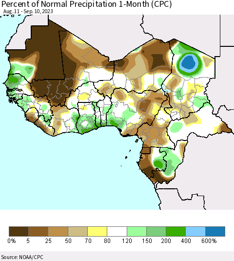 Western Africa Percent of Normal Precipitation 1-Month (CPC) Thematic Map For 8/11/2023 - 9/10/2023