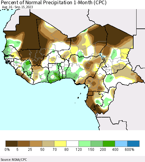 Western Africa Percent of Normal Precipitation 1-Month (CPC) Thematic Map For 8/16/2023 - 9/15/2023