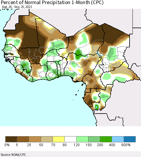 Western Africa Percent of Normal Precipitation 1-Month (CPC) Thematic Map For 8/26/2023 - 9/25/2023