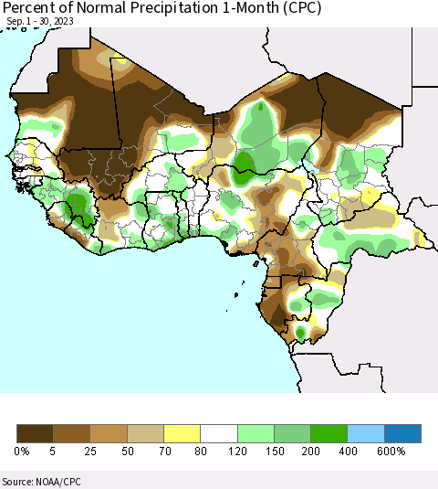 Western Africa Percent of Normal Precipitation 1-Month (CPC) Thematic Map For 9/1/2023 - 9/30/2023
