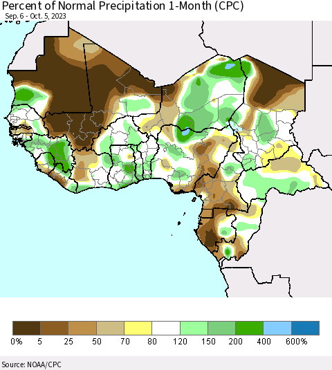 Western Africa Percent of Normal Precipitation 1-Month (CPC) Thematic Map For 9/6/2023 - 10/5/2023