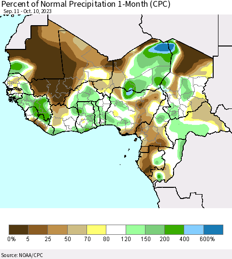 Western Africa Percent of Normal Precipitation 1-Month (CPC) Thematic Map For 9/11/2023 - 10/10/2023