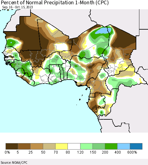 Western Africa Percent of Normal Precipitation 1-Month (CPC) Thematic Map For 9/16/2023 - 10/15/2023