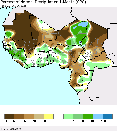 Western Africa Percent of Normal Precipitation 1-Month (CPC) Thematic Map For 9/21/2023 - 10/20/2023