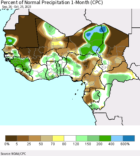 Western Africa Percent of Normal Precipitation 1-Month (CPC) Thematic Map For 9/26/2023 - 10/25/2023