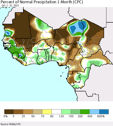 Western Africa Percent of Normal Precipitation 1-Month (CPC) Thematic Map For 10/1/2023 - 10/31/2023
