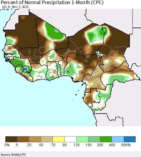 Western Africa Percent of Normal Precipitation 1-Month (CPC) Thematic Map For 10/6/2023 - 11/5/2023