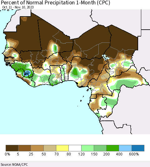 Western Africa Percent of Normal Precipitation 1-Month (CPC) Thematic Map For 10/11/2023 - 11/10/2023