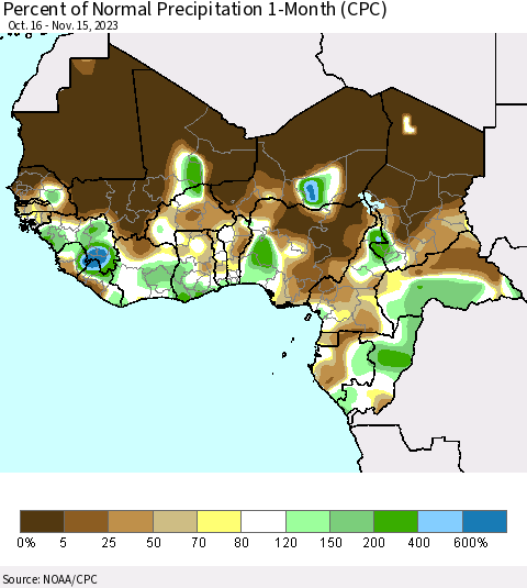 Western Africa Percent of Normal Precipitation 1-Month (CPC) Thematic Map For 10/16/2023 - 11/15/2023