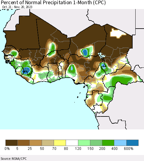 Western Africa Percent of Normal Precipitation 1-Month (CPC) Thematic Map For 10/21/2023 - 11/20/2023