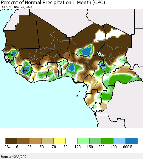 Western Africa Percent of Normal Precipitation 1-Month (CPC) Thematic Map For 10/26/2023 - 11/25/2023
