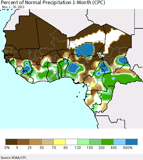 Western Africa Percent of Normal Precipitation 1-Month (CPC) Thematic Map For 11/1/2023 - 11/30/2023