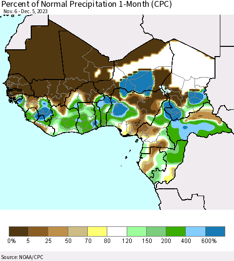 Western Africa Percent of Normal Precipitation 1-Month (CPC) Thematic Map For 11/6/2023 - 12/5/2023